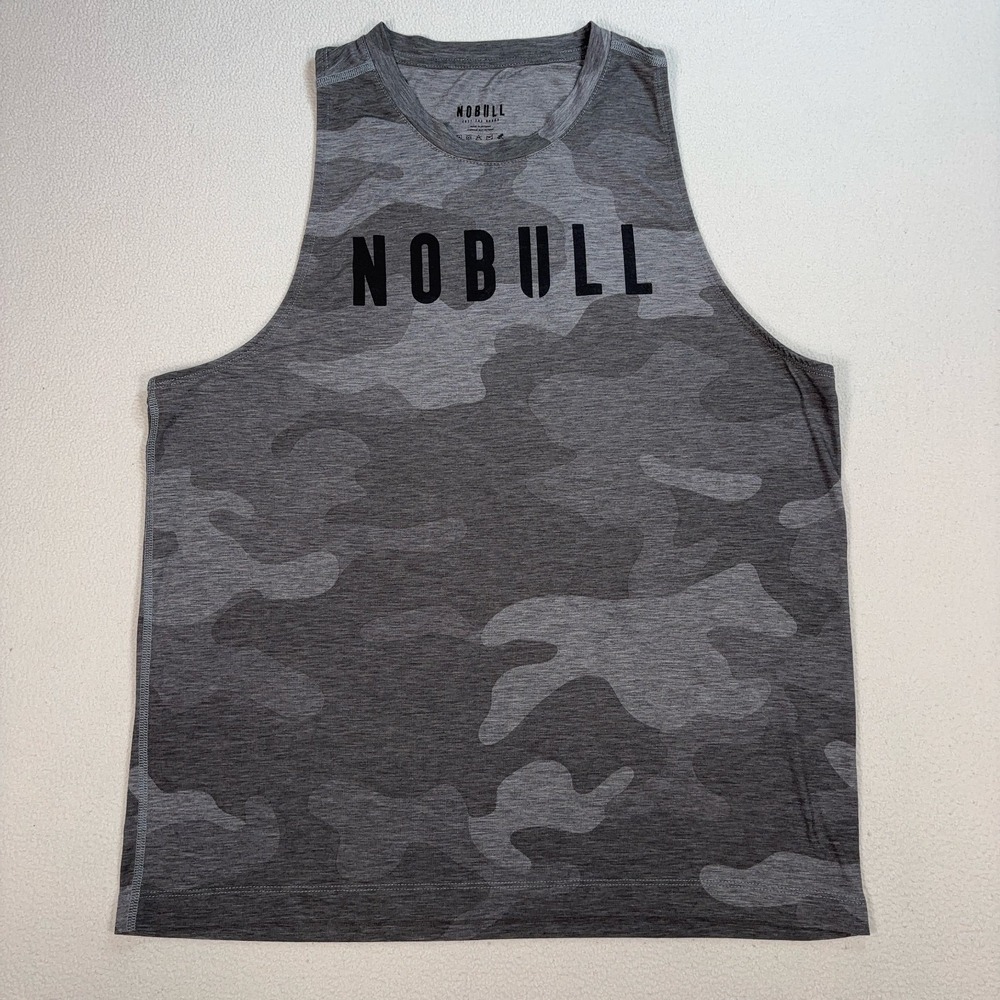Nobull Spellout Tank Top‎ Men's L Gray Camo Stretch Gym Workout Training
